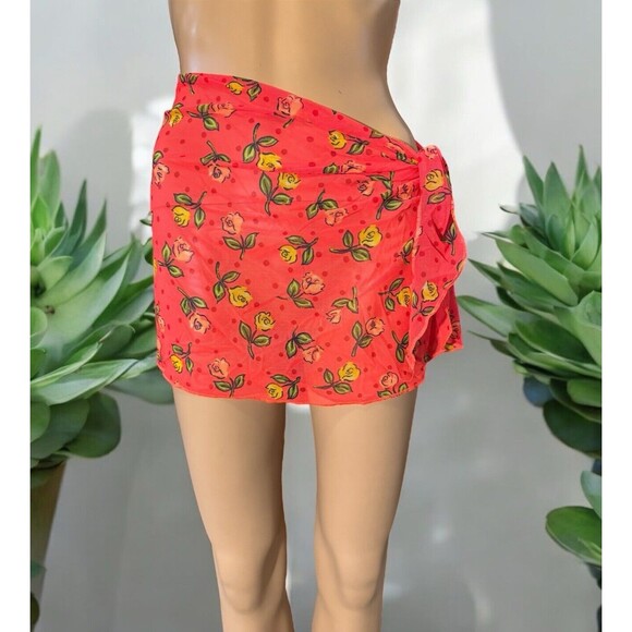 Vintage 90s Sarong Skirt Swim Coverup ONE SIZE Side Tie Neon Tropical Mini - Picture 1 of 6